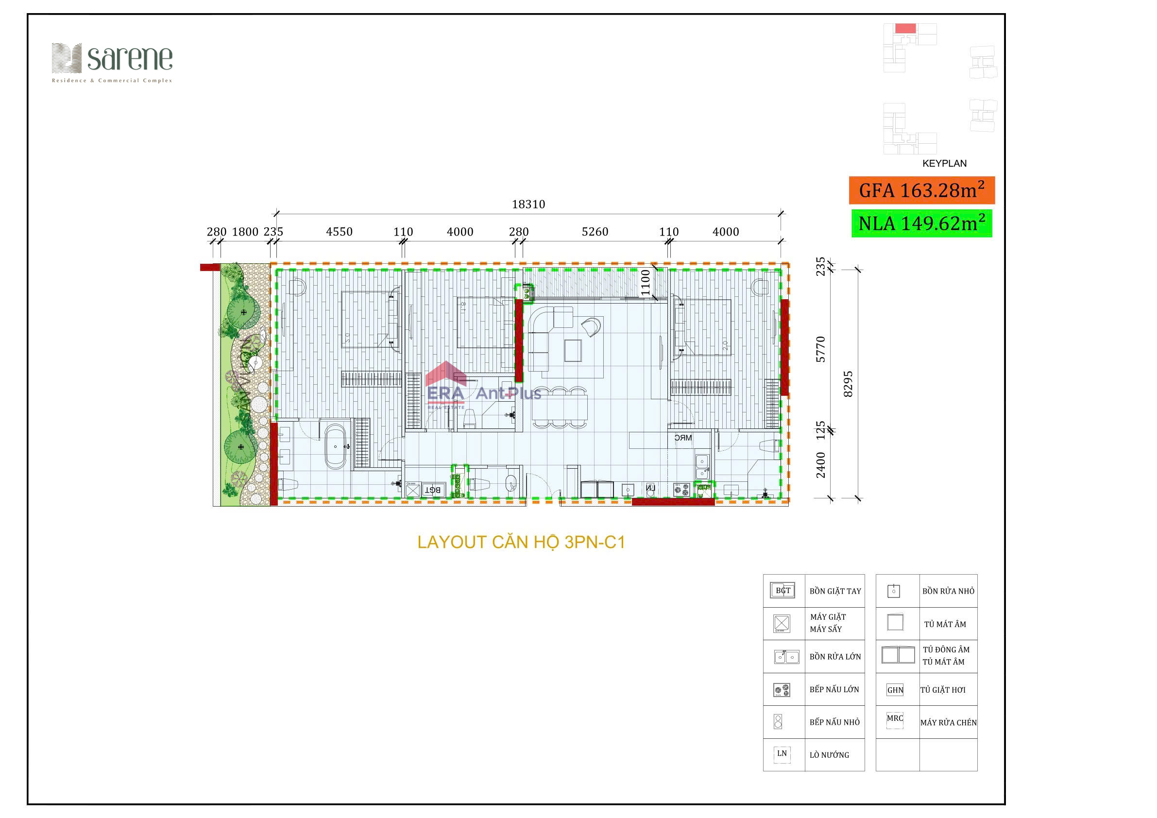 Mặt bằng kỹ thuật căn hộ 3PN-C1