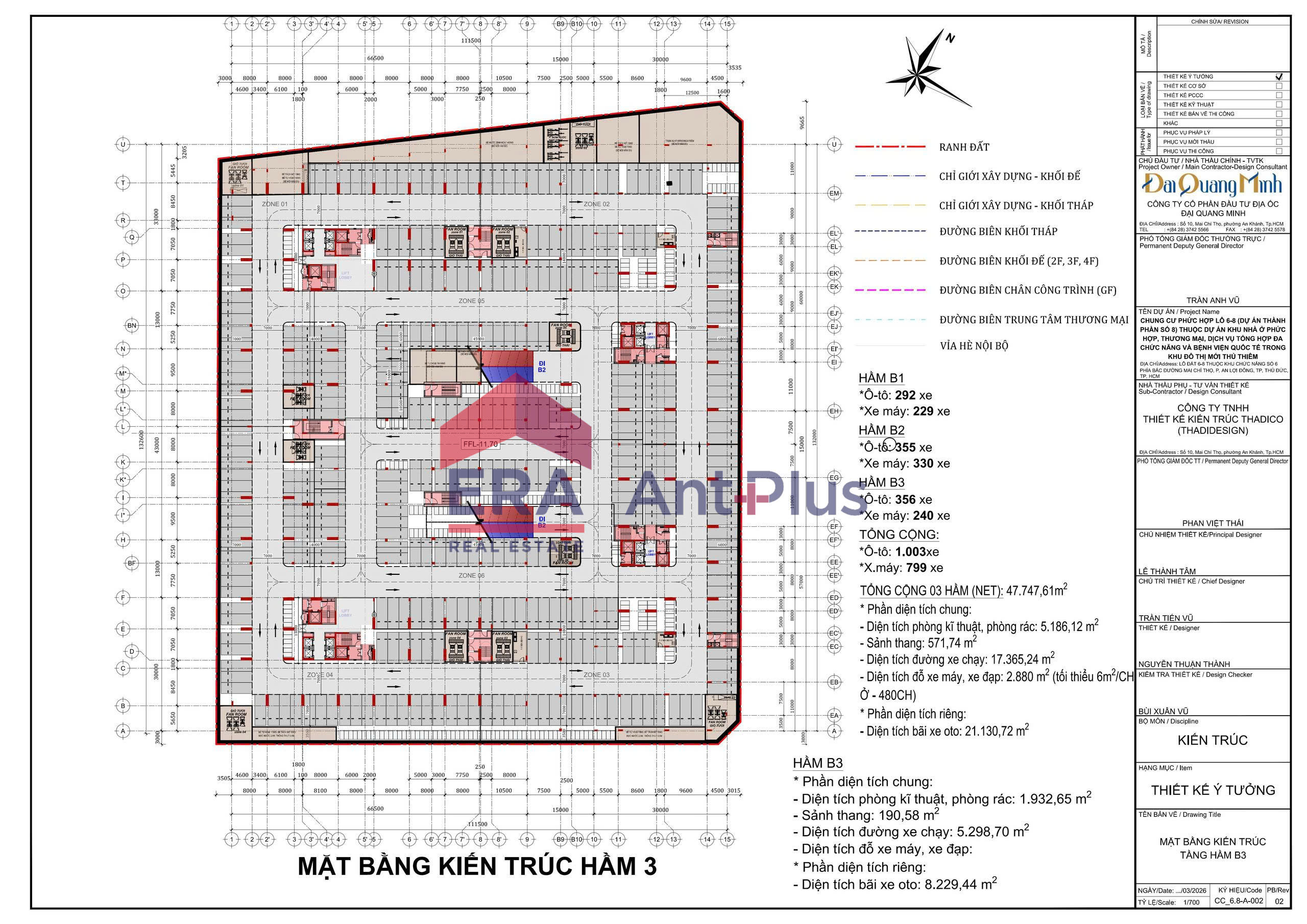 Mặt bằng hầm gửi xe Sarene Sala tầng hầm 3