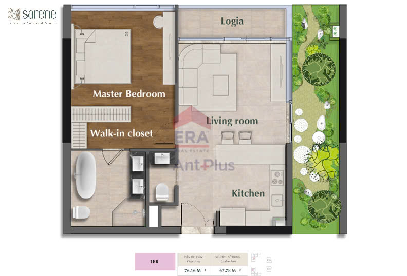 Mặt bằng căn hộ cho thuê 1PN 74,93m² tại SARENE Sala, layout phổ biến với khách thuê