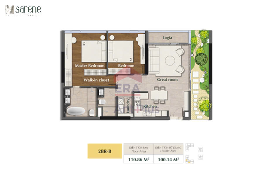 Mặt bằng căn hộ 2 phòng ngủ B cho thuê SARENE Sala Mặt bằng bố trí nội thất căn hộ 2 phòng ngủ layout B tại SARENE Sala