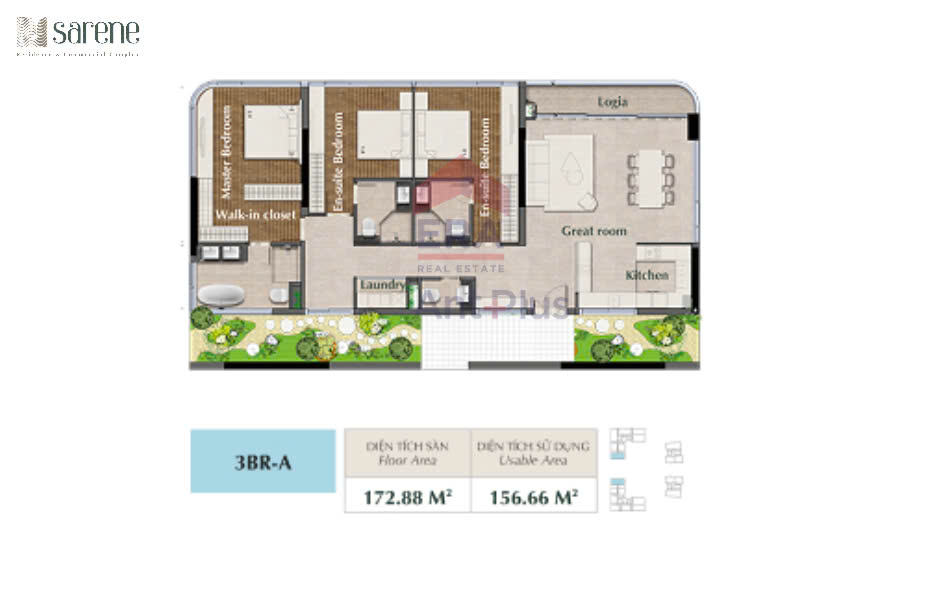 Mặt bằng bố trí nội thất căn hộ 3 phòng ngủ A dự án Sarene Sala