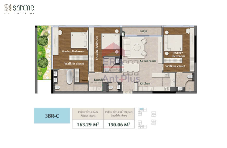 Mặt bằng bố trí nội thất căn hộ 3 phòng ngủ C tại SARENE Sala