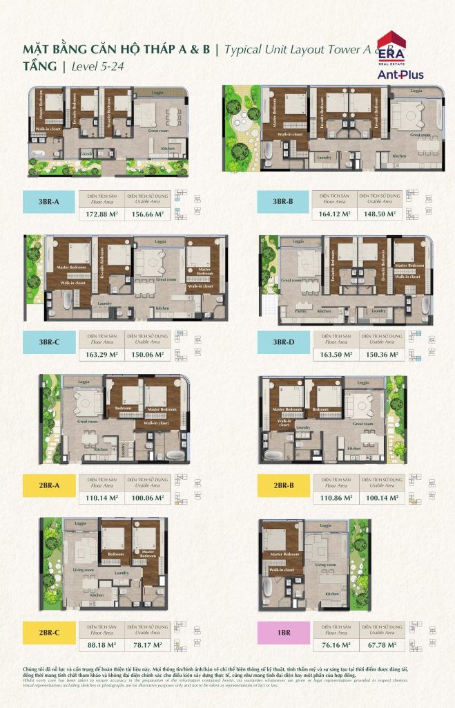 Mặt bằng căn hộ 2 phòng ngủ 2PN-A, 2PN-B, 2PN-C tại tháp Residence A và B dự án SARENE